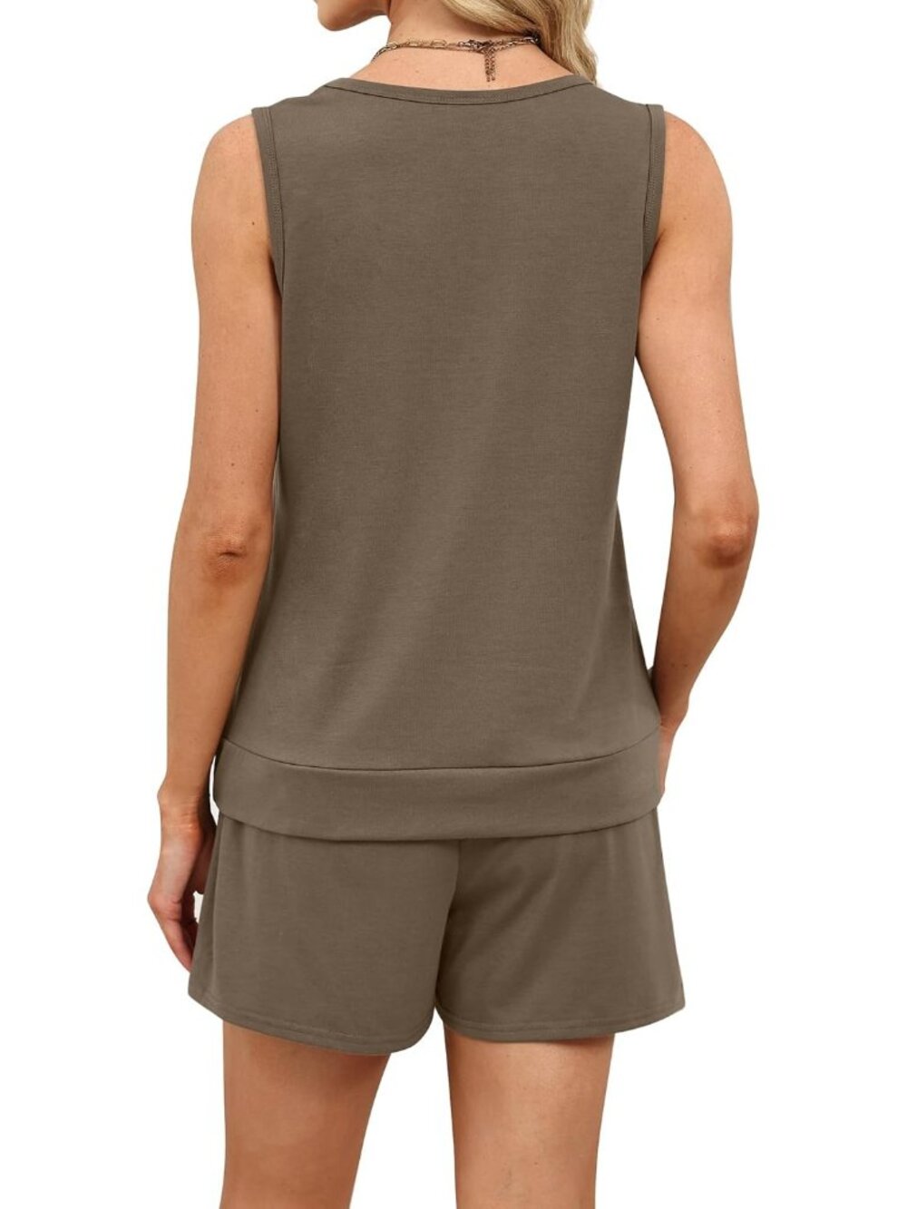🆕Women Brown 2 Piece Sets Summer Lounge Short Sets Tank Square Neck Sleeveless - Picture 5 of 5